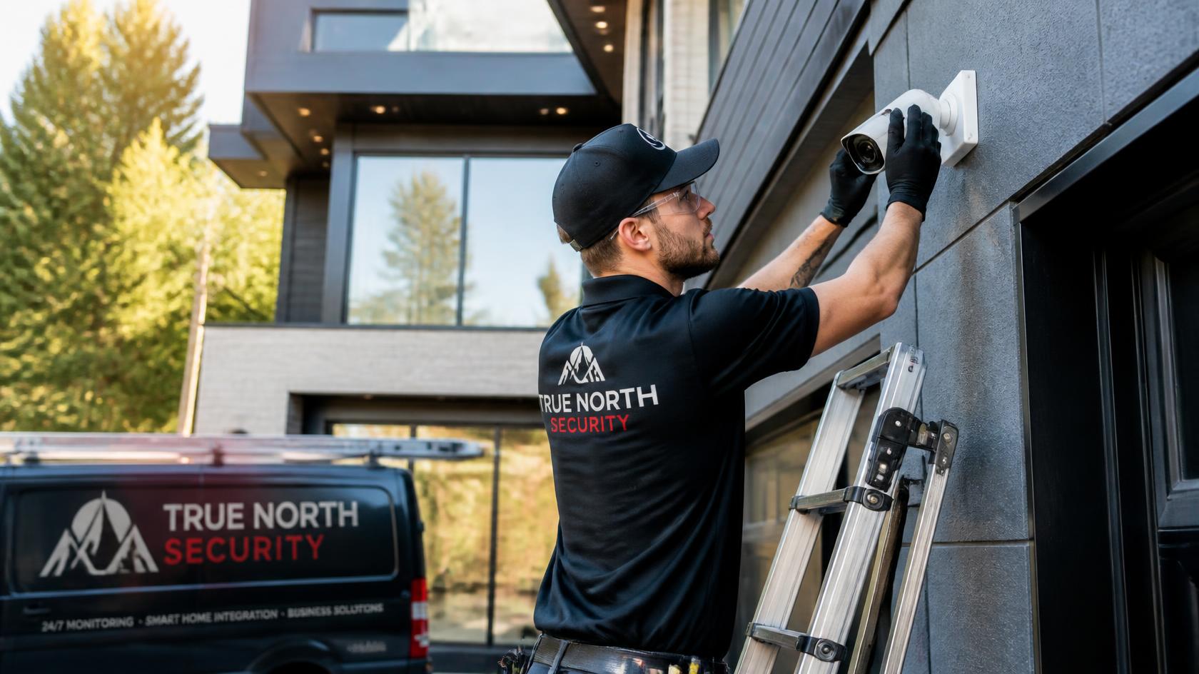 Security technician installing residential camera system